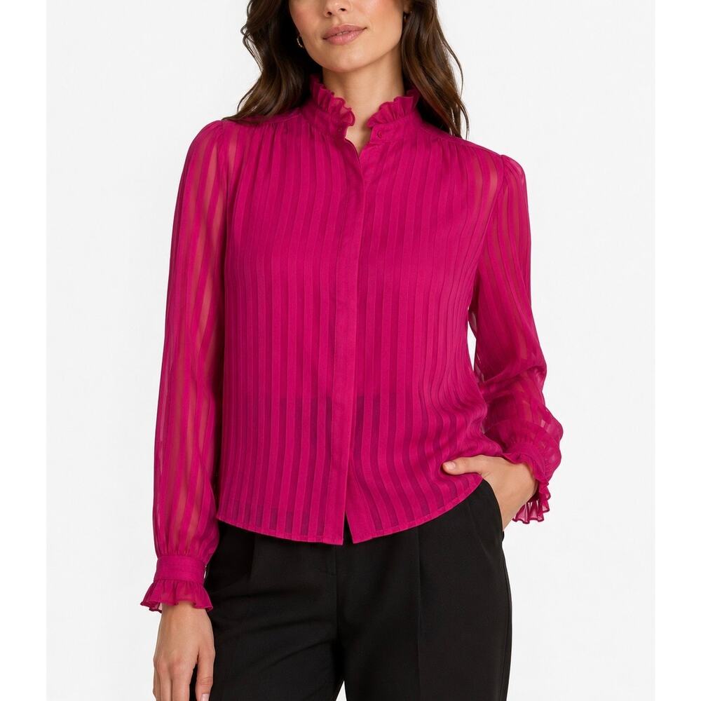Vintage 1980s David Matthew Sheer Fuchsia Ruffle Blouse Striped High Neck Sz 10
